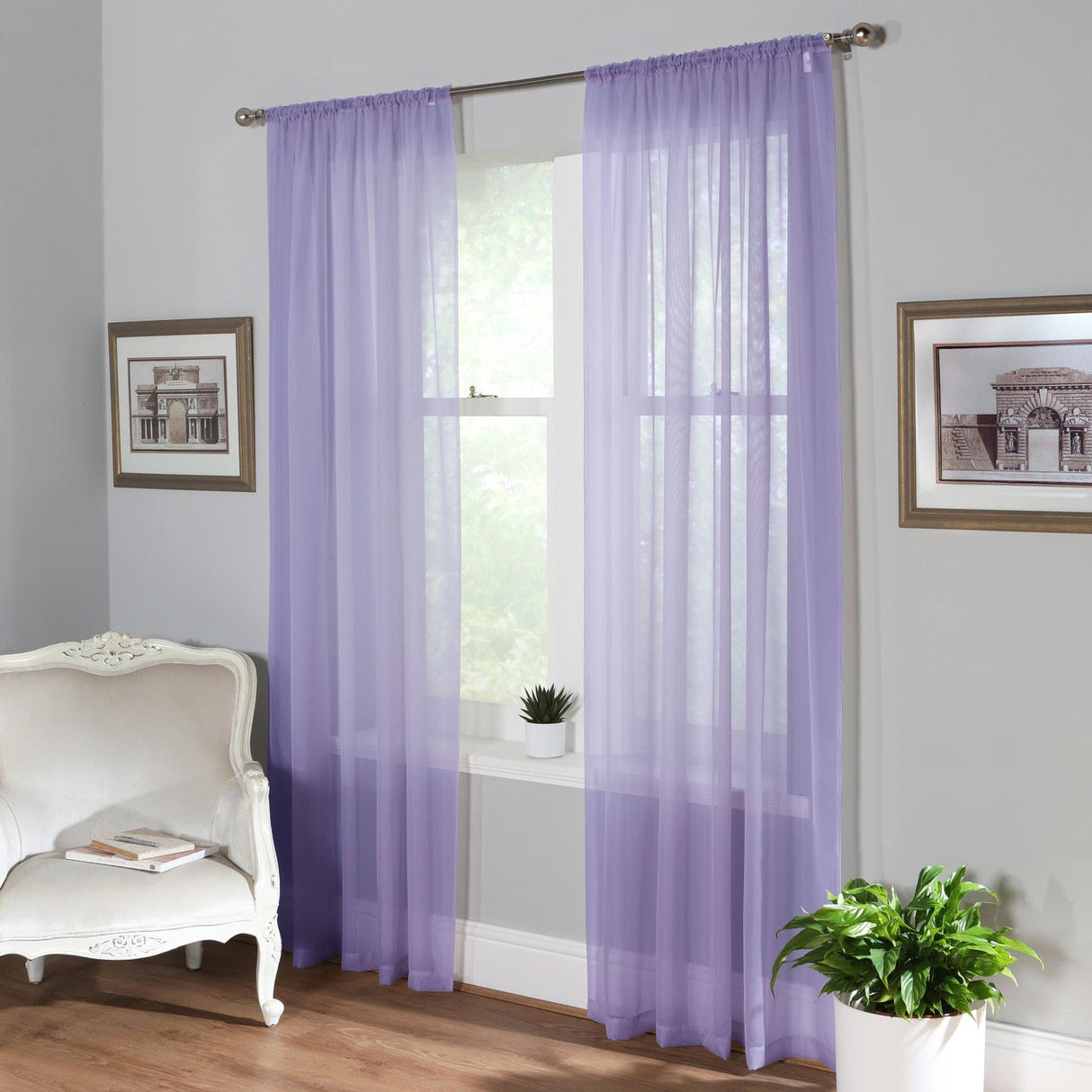 Plain Dyed Voile Curtain Panel Pair Lavender