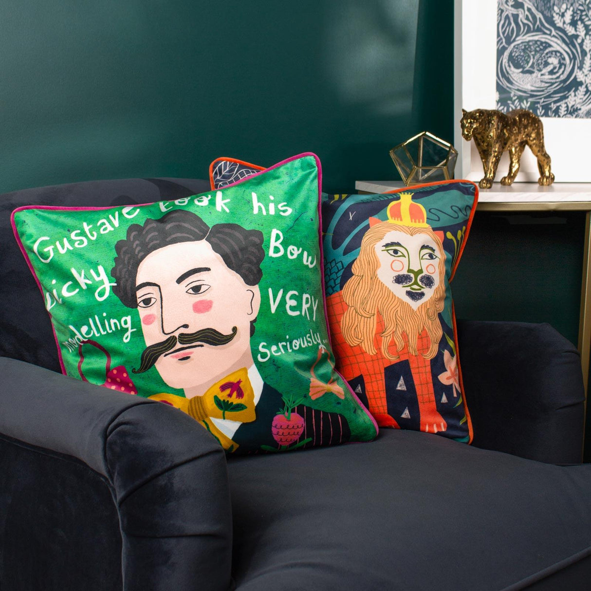 Gustave Illustrated Velvet Cushion Cover 17" x 17"