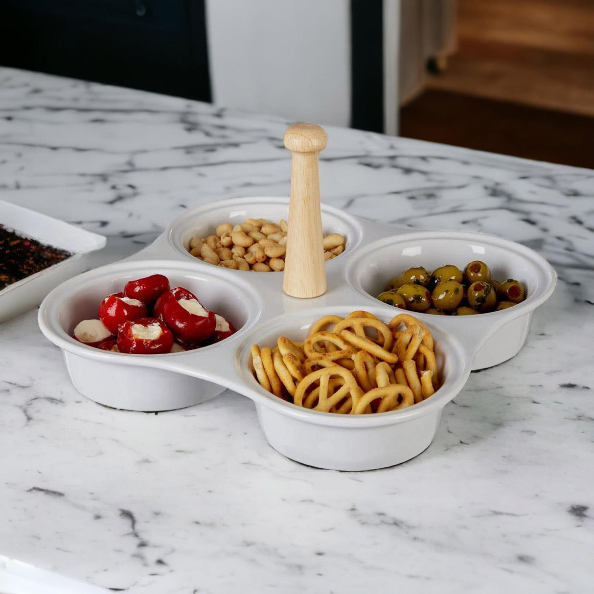 4 Section White Ceramic Snack Dish