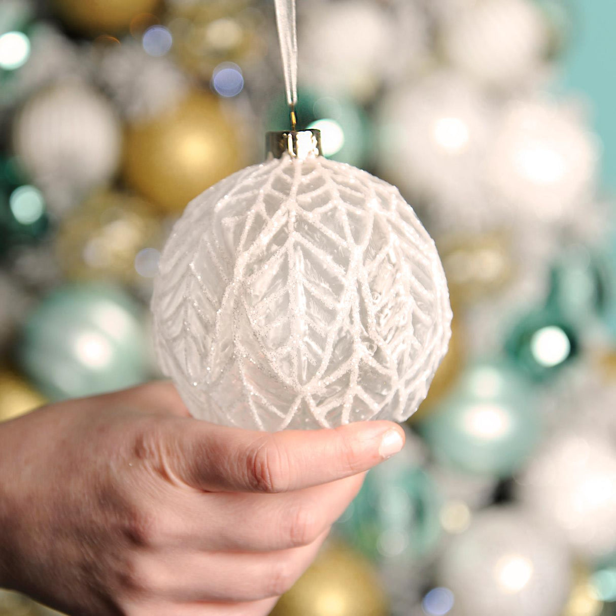 Frosted White Leaf Glass Ball 10cm