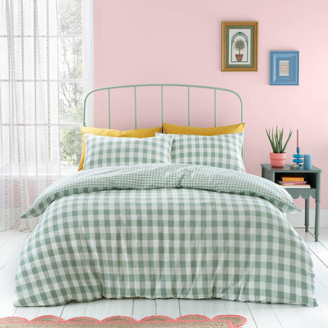 Seersucker Gingham Check Green Duvet Cover Set