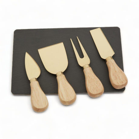 Set of 4 Gold Cheese Knives + Slate Tray