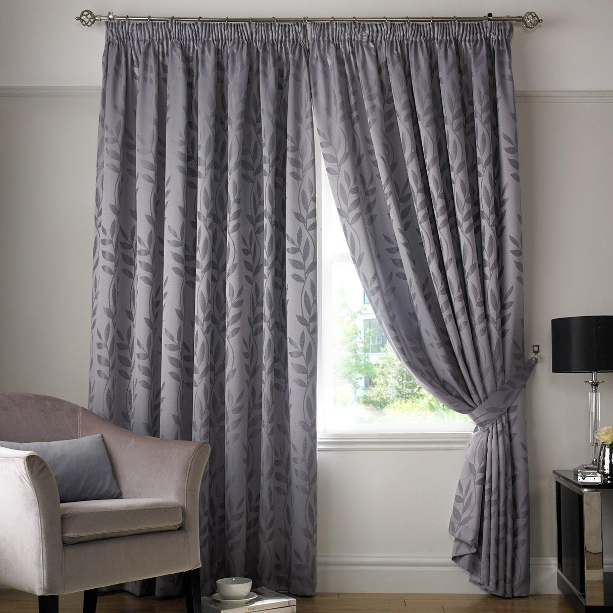 Tivoli Leaf Jacquard Lined Tape Top Curtains Silver Tape Top Curtains Alan Symonds 46'' x 54''  