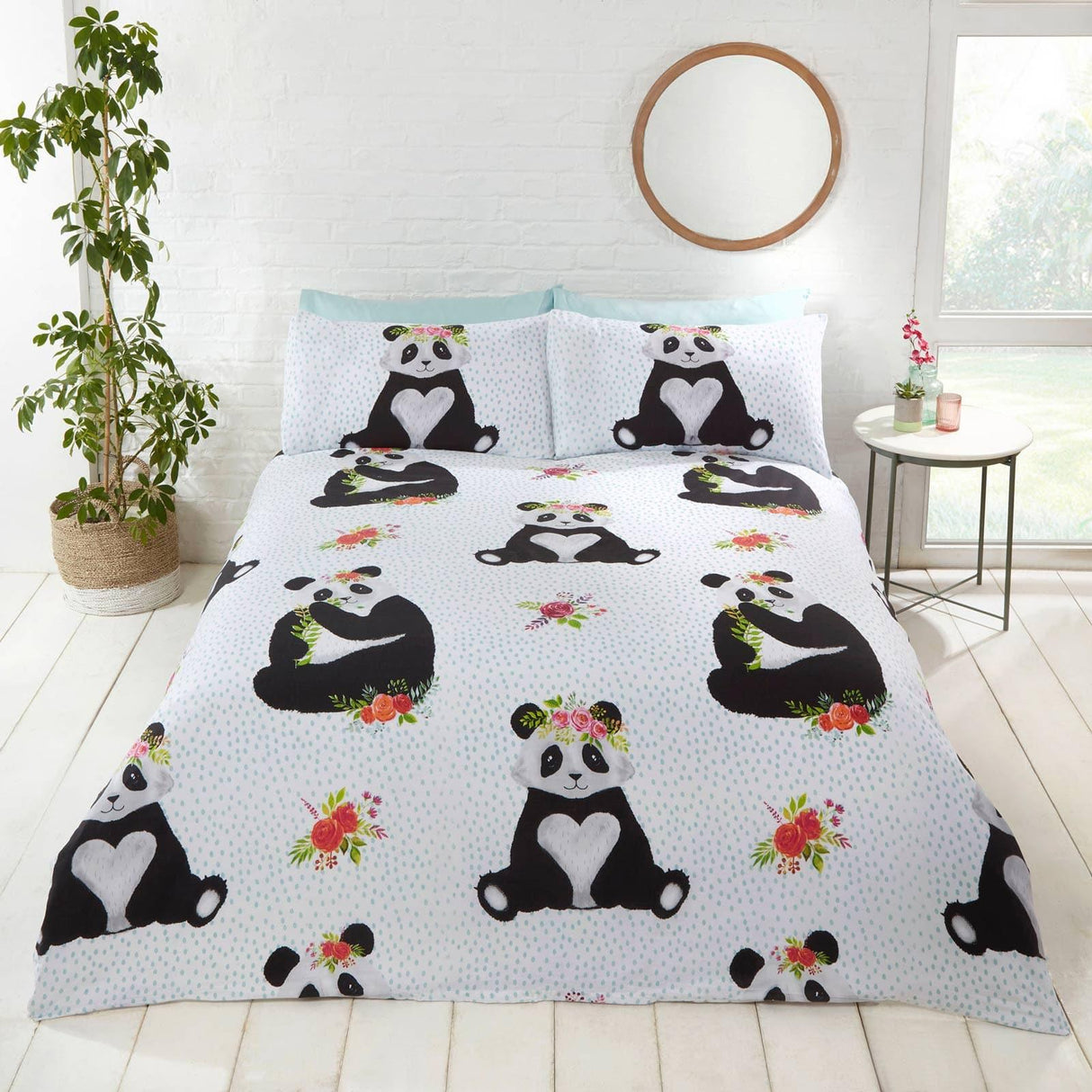 Panda Bear Floral White Duvet Cover Set Duvet Cover Rapport Single  