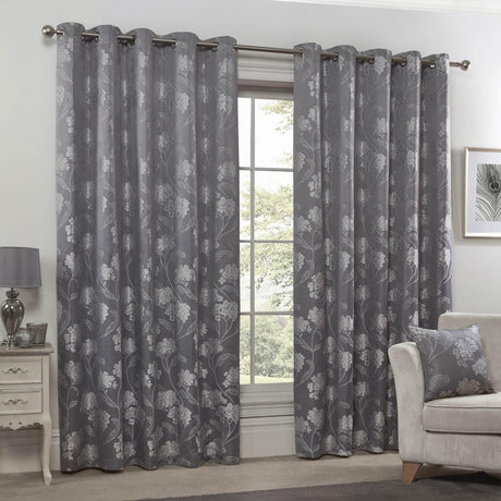 Blossom Floral Jacquard Lined Eyelet Curtains Silver Eyelet Curtains Emma Barclay 46'' x 54''  