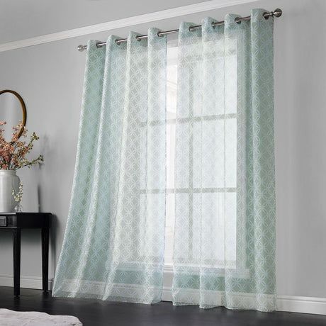 Harper Geometric Eyelet Voile Curtains Pair Sage Voile Curtain Alan Symonds 54" x 90"  