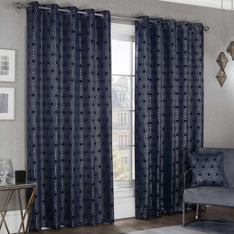 Hartford Geometric Thermal Blackout Eyelet Curtains Navy Eyelet Curtains Emma Barclay 46'' x 54''  