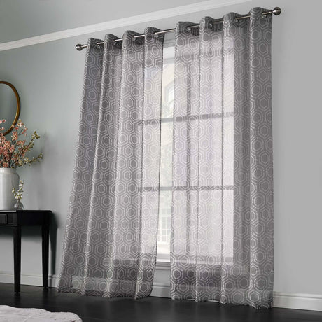 Helena Geometric Eyelet Voile Curtains Pair Grey Voile Curtain Alan Symonds 54" x 90"  