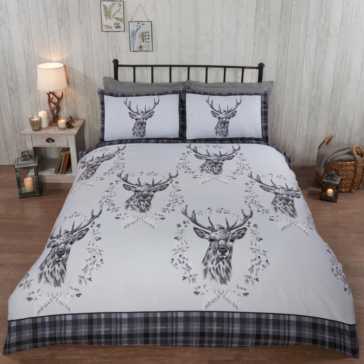 Angus Stag Flannelette Grey Duvet Cover Set Duvet Cover Rapport Single  