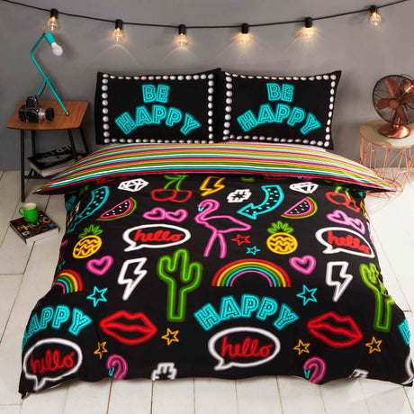 Be Happy Neon Sign Reversible Duvet Cover Set Duvet Cover Rapport Single  