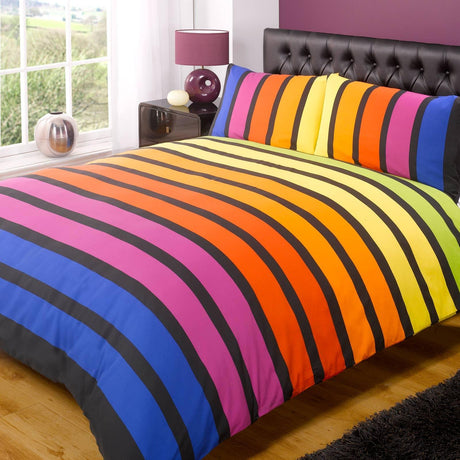 Soho Banded Stripe Rainbow Duvet Cover Set Duvet Cover Rapport Single  