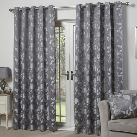 Butterfly Meadow Jacquard Lined Eyelet Curtains Silver Eyelet Curtains Emma Barclay 46'' x 54''  