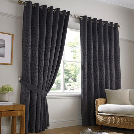 Tivoli Leaf Jacquard Lined Eyelet Curtains Charcoal Eyelet Curtains Alan Symonds 46'' x 54''  