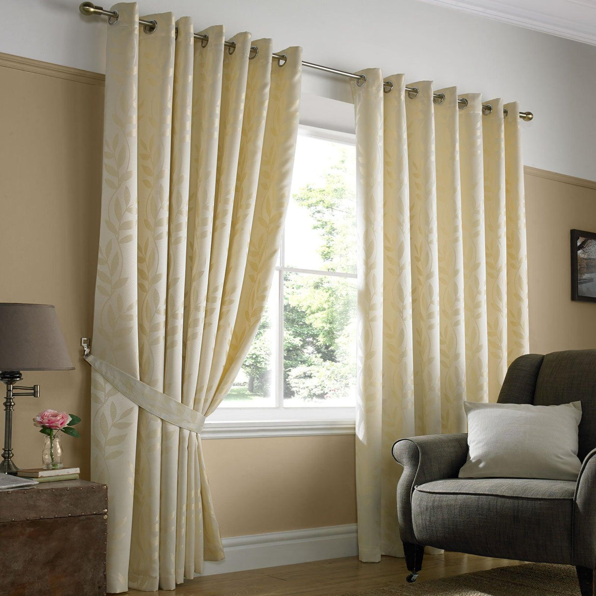 Tivoli Leaf Jacquard Lined Eyelet Curtains Cream Eyelet Curtains Alan Symonds 46'' x 54''  