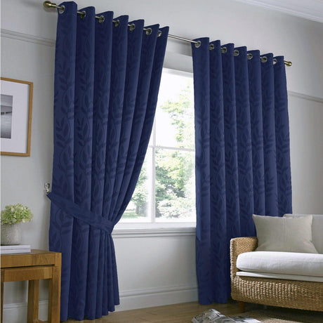 Tivoli Leaf Jacquard Lined Eyelet Curtains Navy Eyelet Curtains Alan Symonds 46'' x 54''  