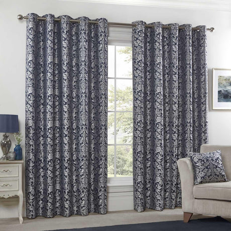 Eden Floral Trellis Jacquard Lined Eyelet Curtains Navy Eyelet Curtains Emma Barclay 46'' x 54''  