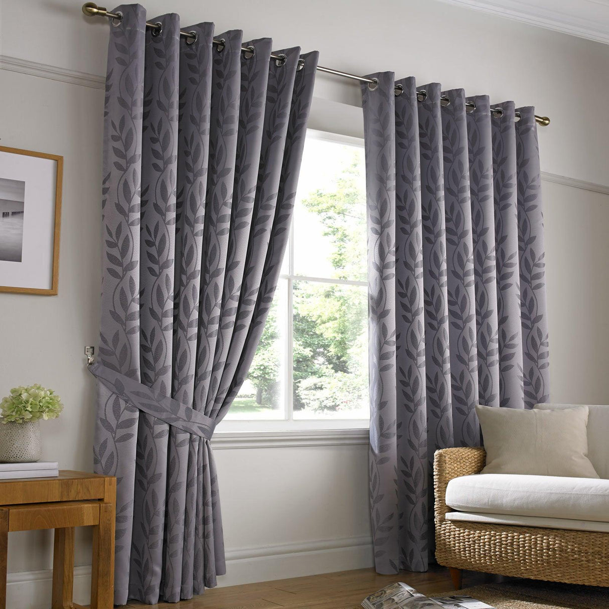 Tivoli Leaf Jacquard Lined Eyelet Curtains Silver Eyelet Curtains Alan Symonds 46'' x 54''  