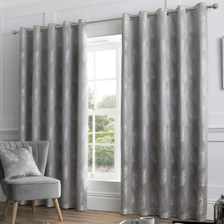 Feather Metallic Eyelet Curtains Silver Eyelet Curtains Curtina 46'' x 54''  