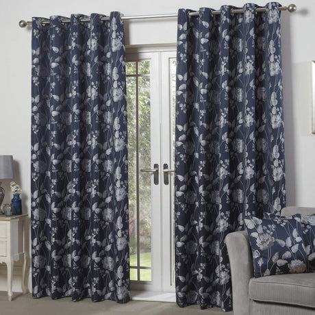 Butterfly Meadow Jacquard Lined Eyelet Curtains Navy Eyelet Curtains Emma Barclay 46'' x 54''  