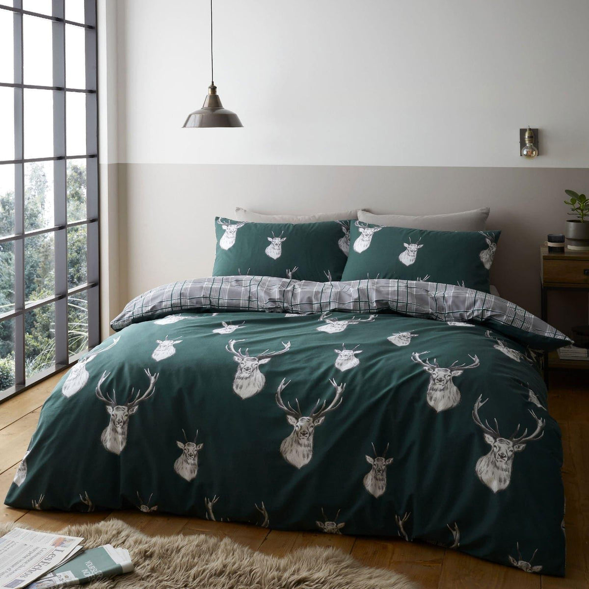 Stag Check Green Duvet Cover Set Duvet Cover Catherine Lansfield Single  