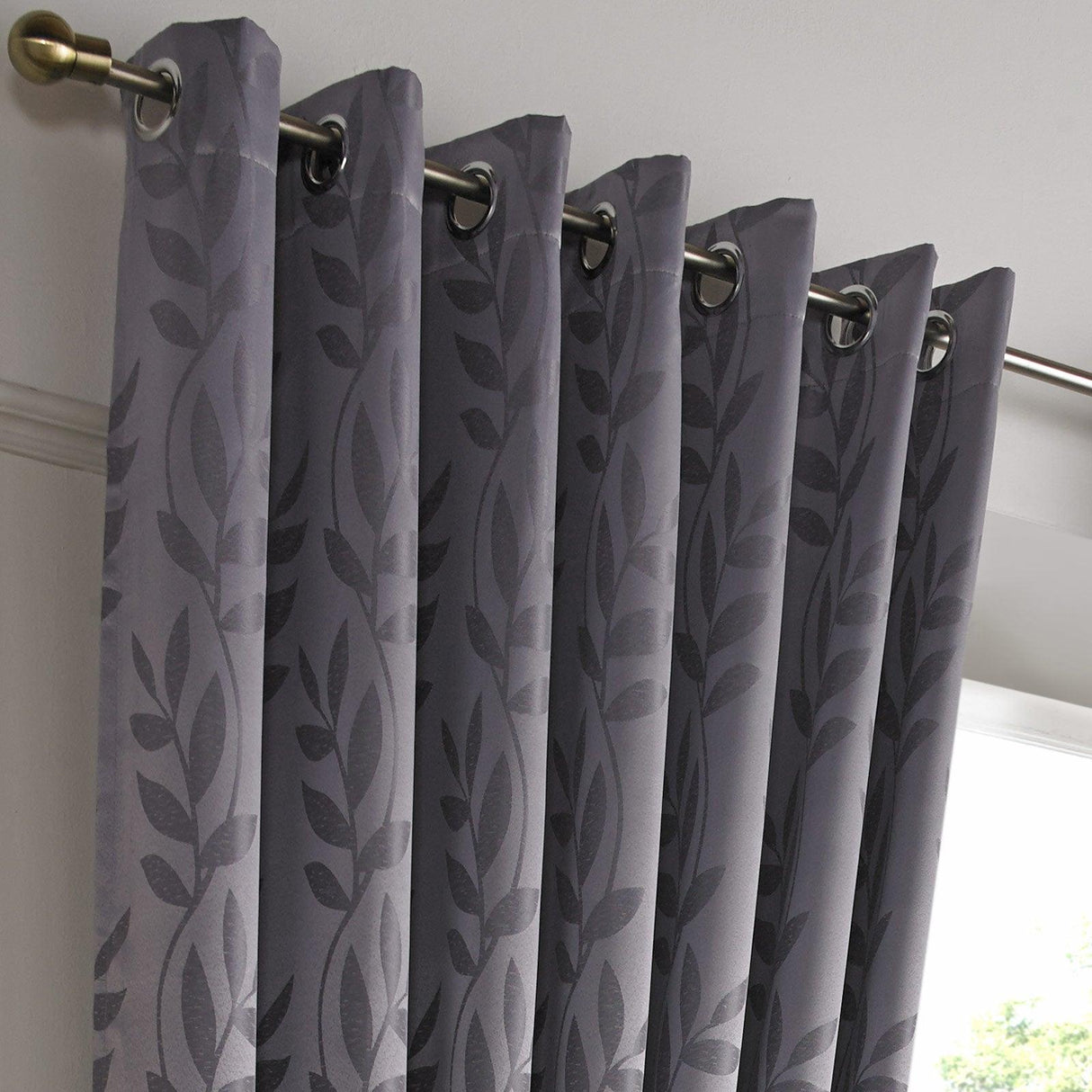 Tivoli Leaf Jacquard Lined Eyelet Curtains Silver Eyelet Curtains Alan Symonds   