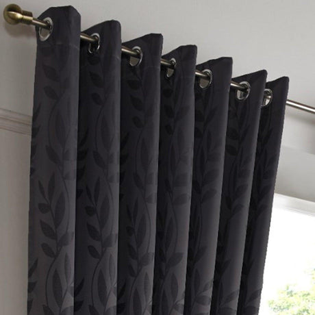 Tivoli Leaf Jacquard Lined Eyelet Curtains Charcoal Eyelet Curtains Alan Symonds   