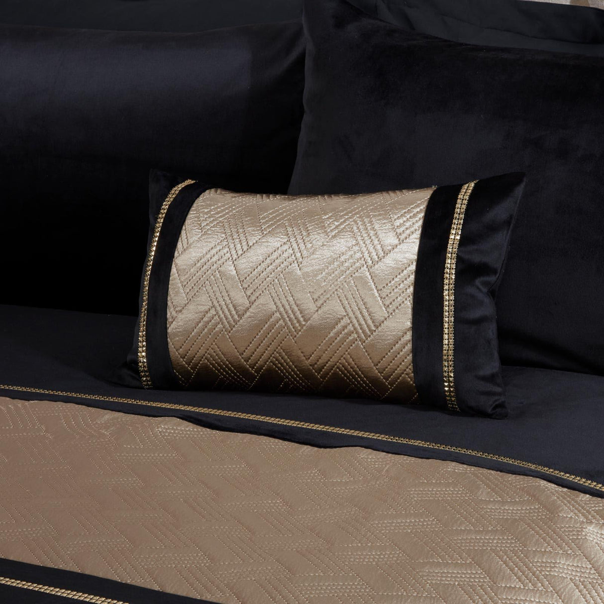 Capri Diamante Embellished Black & Gold Boudoir Cushion Filled Cushion Rapport   