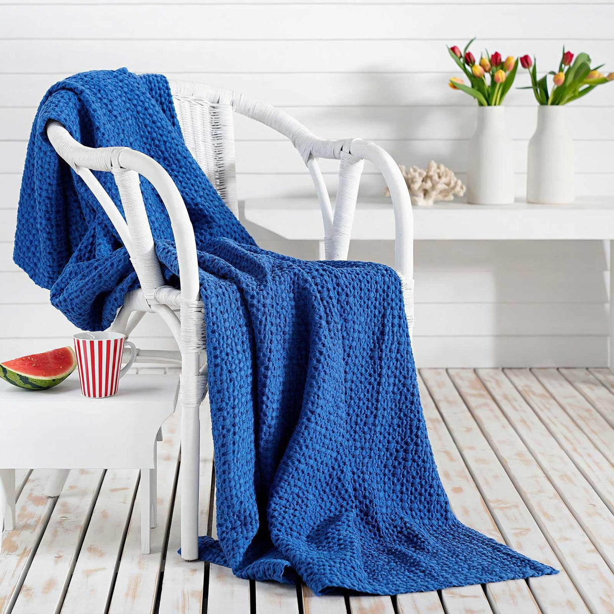 The Mallory Luxury Honeycomb Waffle Throw Blue Made in Portugal 140x180cm Throw Design Port   