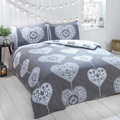 Scandi Heart Brushed Cotton Grey Duvet Cover Set Duvet Cover Rapport Single  