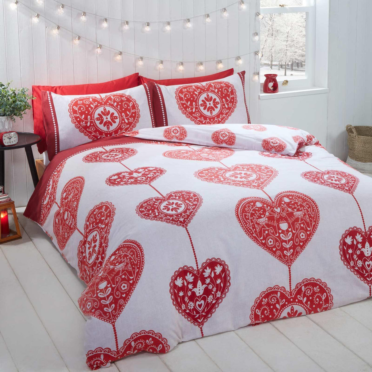 Scandi Heart Brushed Cotton Red Duvet Cover Set Duvet Cover Rapport Single  