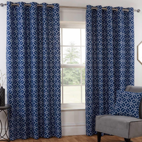 Kelso Geometric Lined Eyelet Curtains Navy Eyelet Curtains Sundour 46'' x 54''  